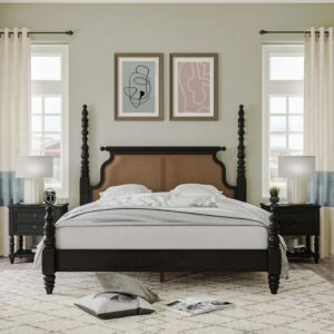 King Solid Wood Rattan Poster Bed