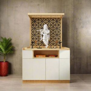 Pooja Mandir with Intricate Jaali Design and Spacious Storage
