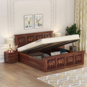 Wooden Artistic Sheesham Wood Bed Hydraulic Storage